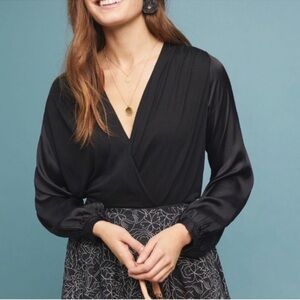 Anthropologie Black Long Sleeve V neck faux wrap top s M